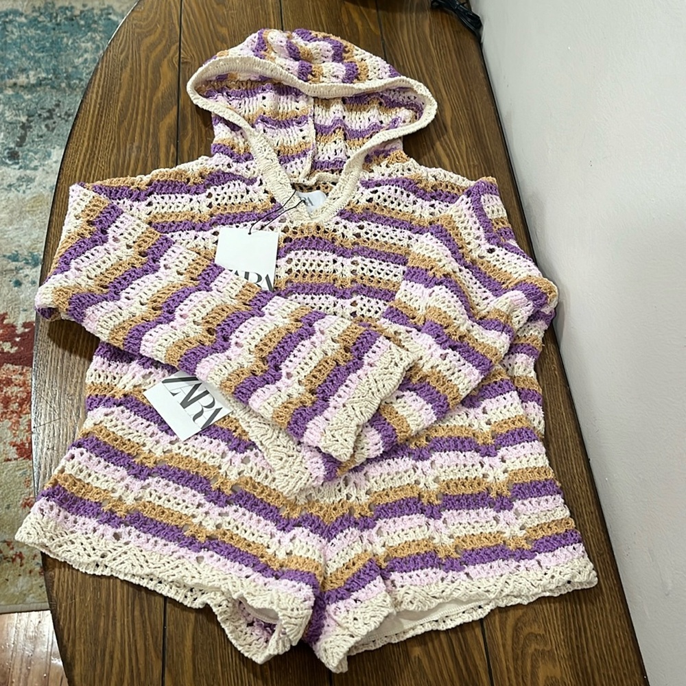 🔗 ZARA Girls 2pc Purple/Tan Crochet set. Size 8-9. NWT